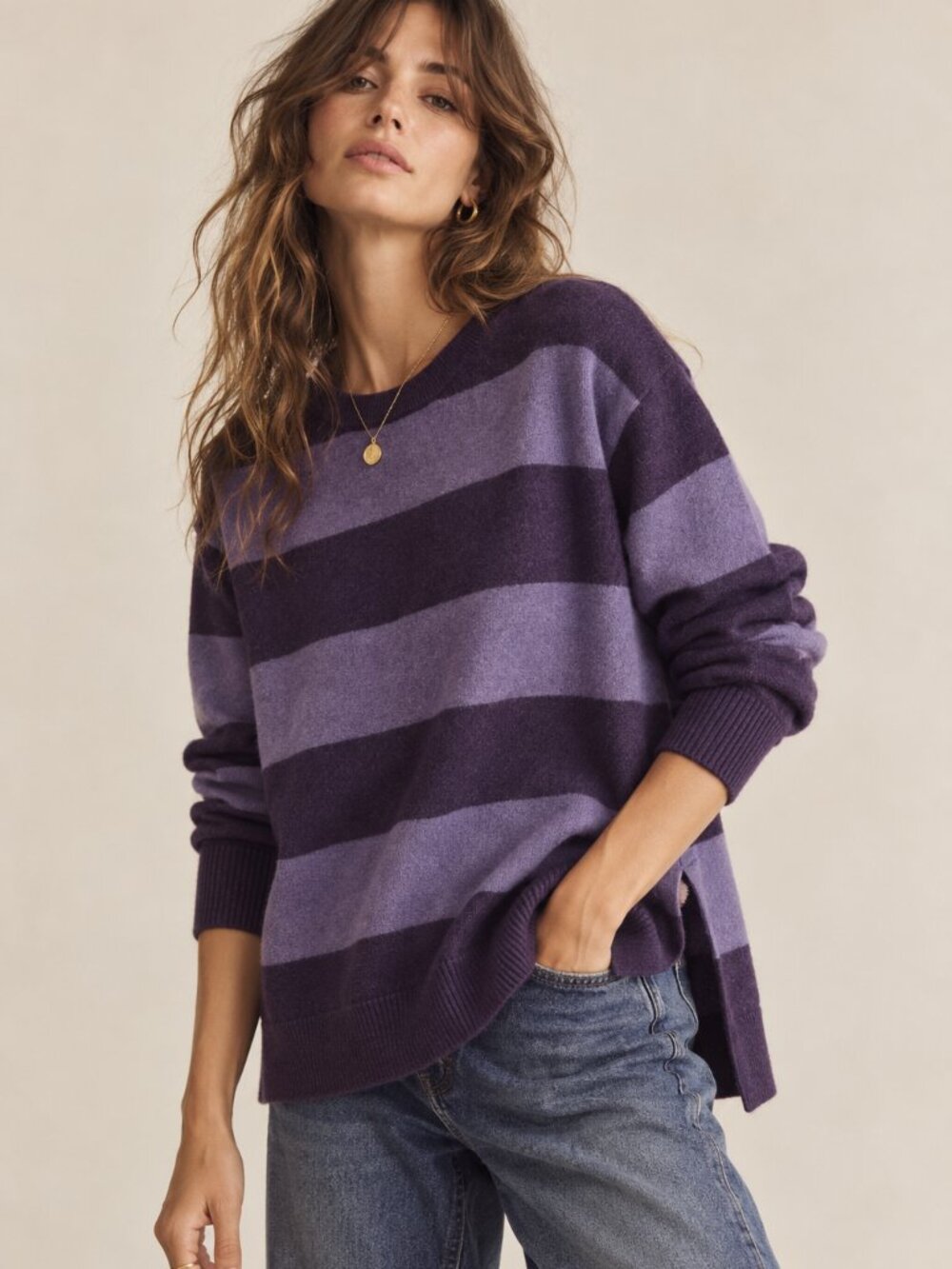 Joe Fresh Cashmere Blend Purple Striped Oversized Crew Neck Sweater Medium